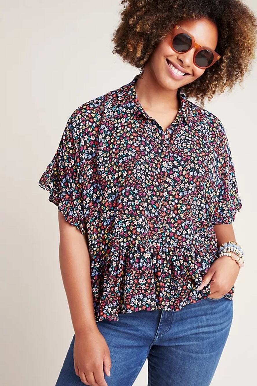 Maeve by Anthropologie Mallory Ruffled Blouse Black Floral Multi - Size: Small